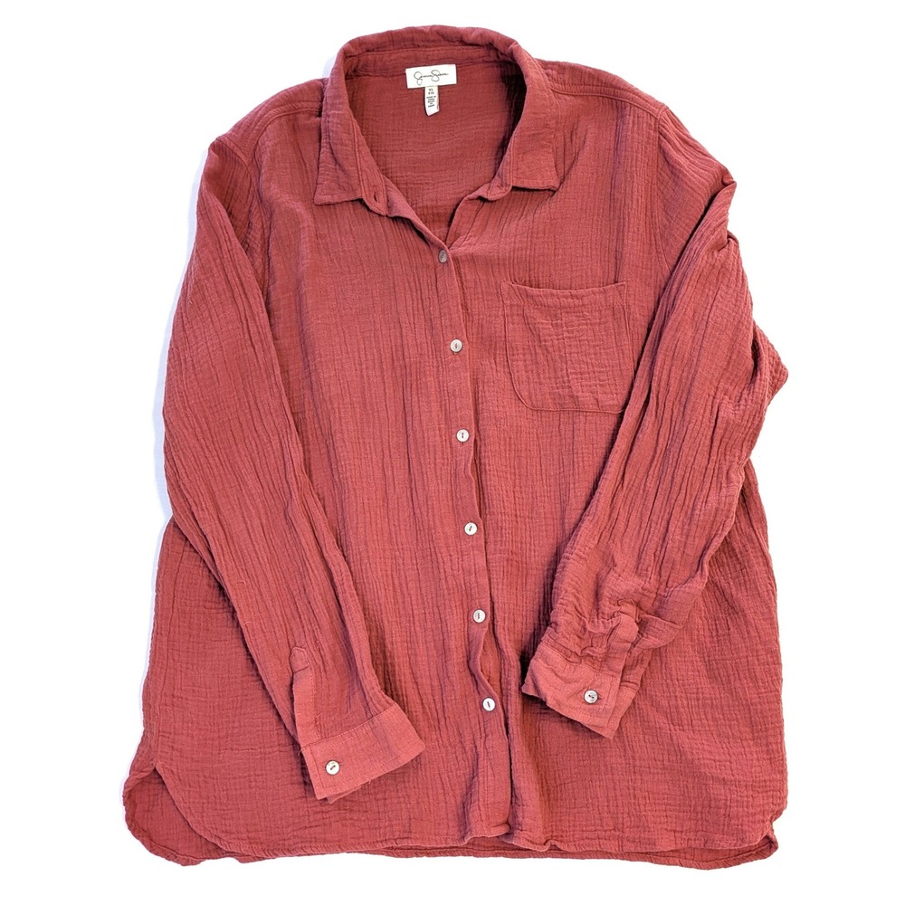 Jessica Simpson Terracotta Gauze Button Down Shirt XL Red Long Sleeve Cotton
